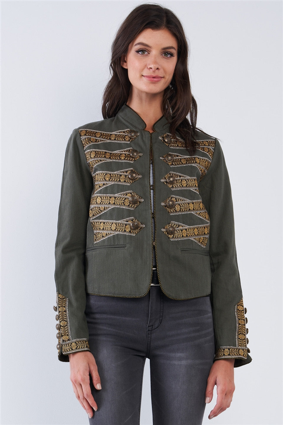 Cotton Buttoned Steampunk Structured Hussar Inspired Glam Jacket - Olive and Gold